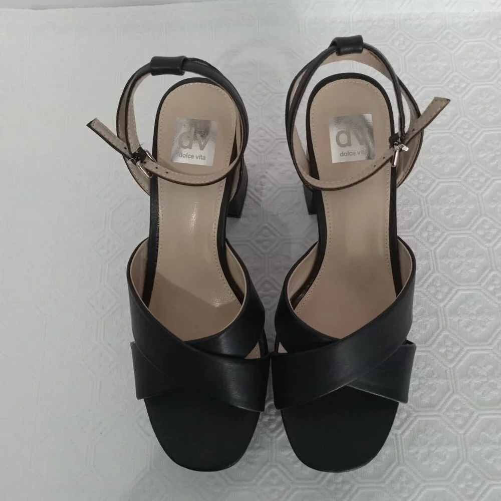DV by DOLCE VITA Maggie Black Crisscross Platform Chunky Heel Sandal Womens 10